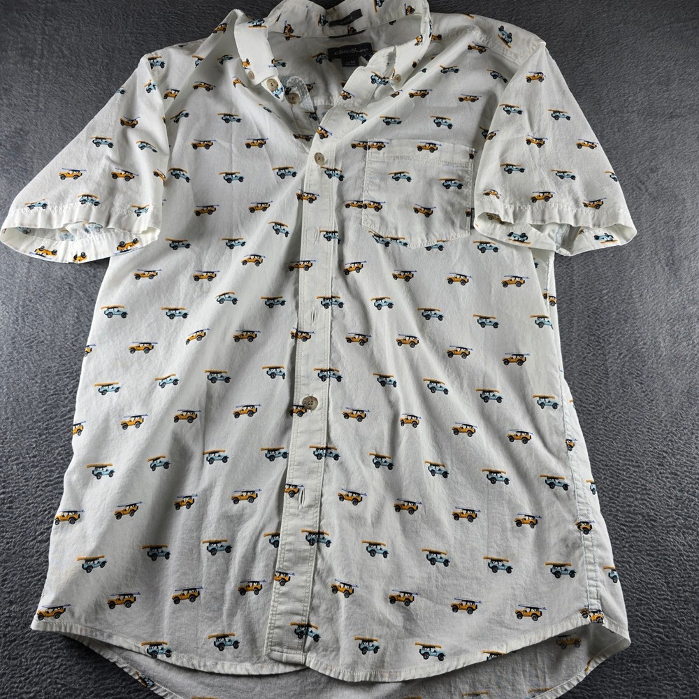 Eddie Bauer Mens Medium White Canoe Surfboard SUV Print Short Sleeve Button Down